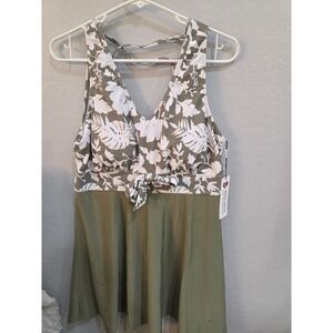 Kate Kasin Womens Floral Swim Dress Olive Green Tropical V-Neck One Piece XL NWT